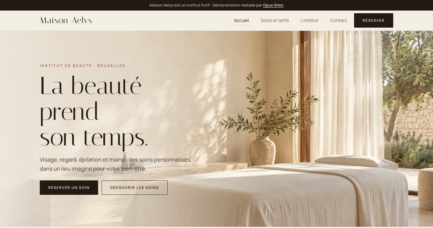 Page d'accueil de Maison Aelys, exemple de site vitrine pour un institut de beauté