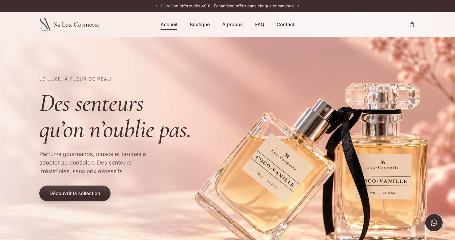 Page d'accueil du site Sa Lux Cosmetic réalisé par Opus Sites