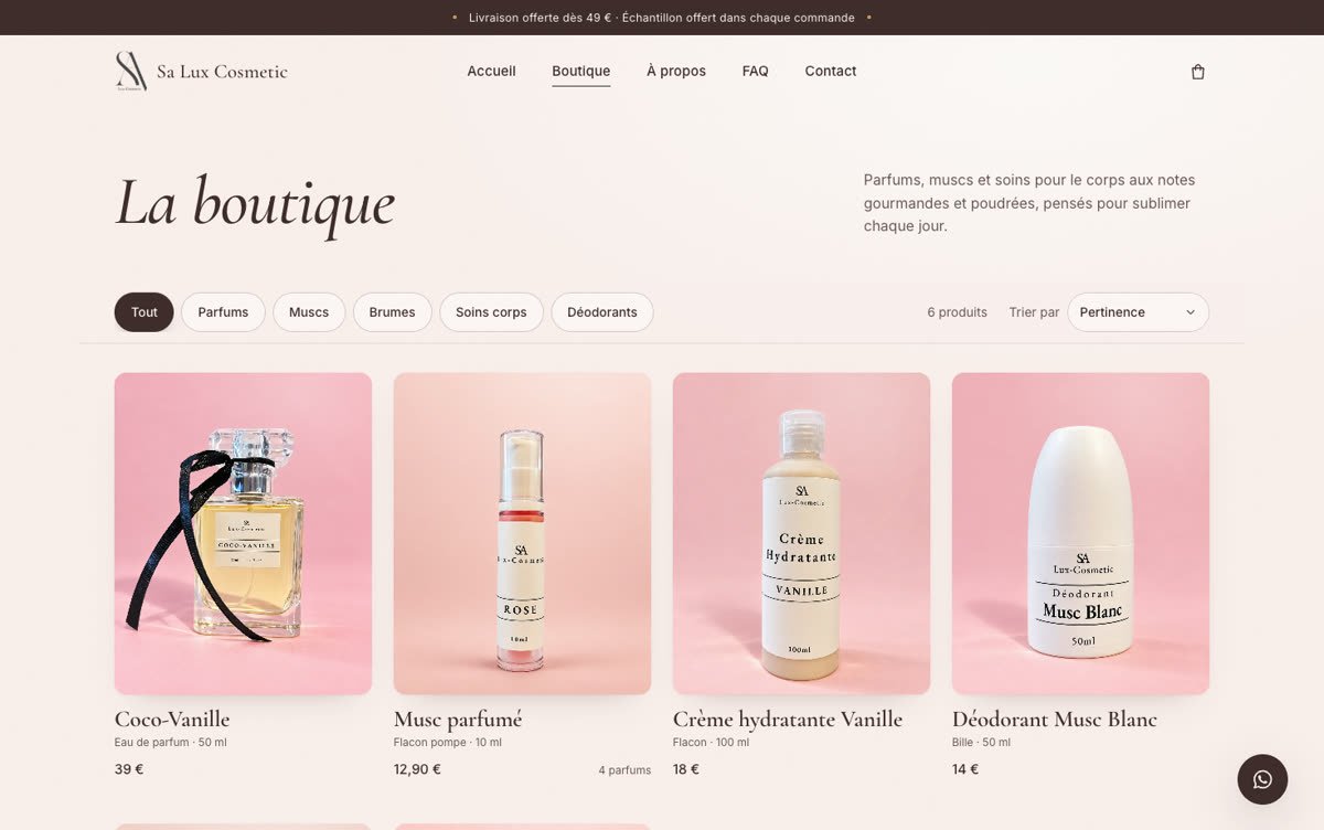 La boutique du site Sa Lux Cosmetic, avec ses filtres et ses fiches produit